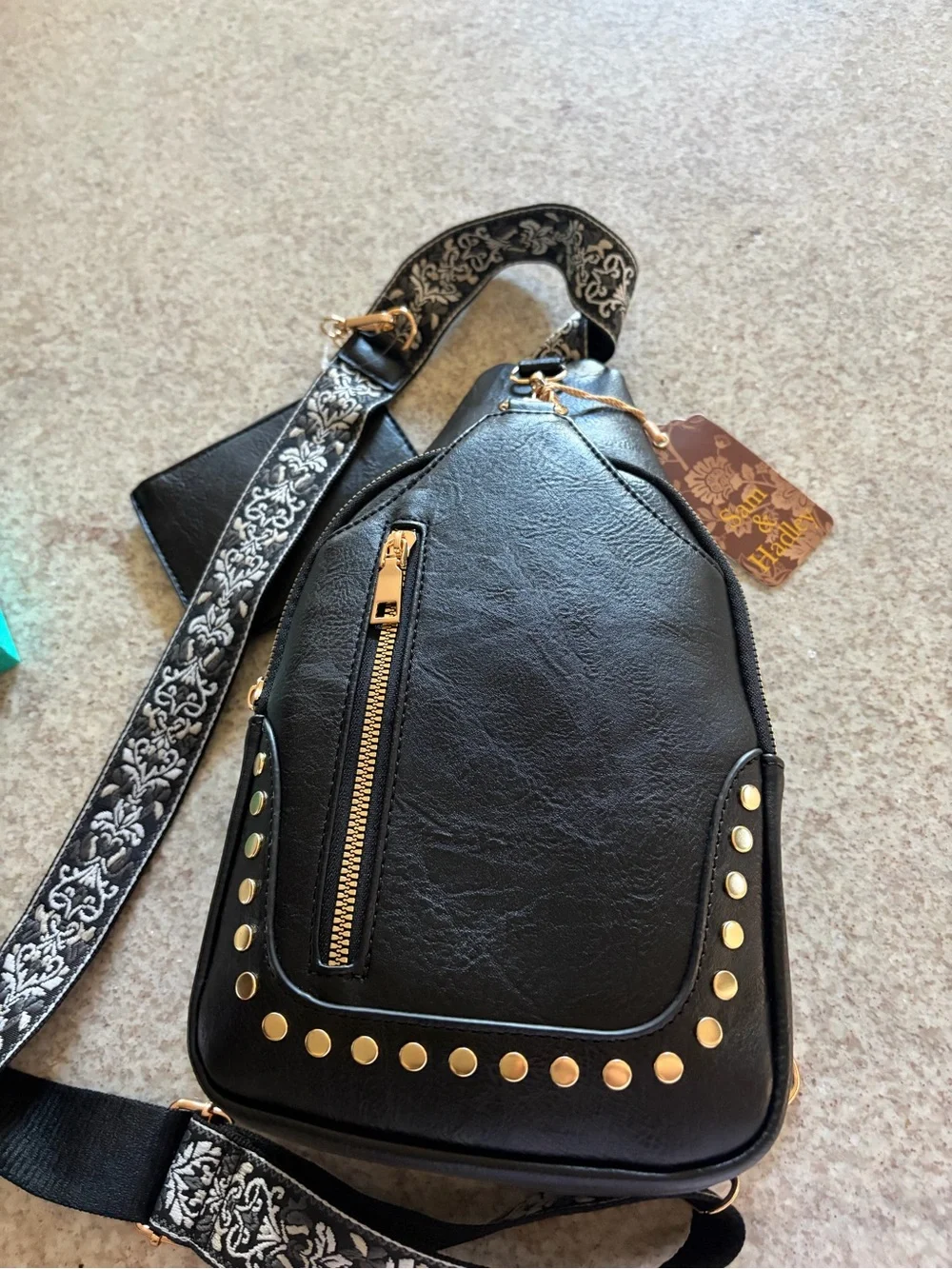 New!! Black Studded Crossbody Sling Bag with Decorative Strap